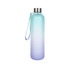 A drink bottle made of BPA-free Tritan, featuring a gradient design in shades of blue and purple with a stainless steel lid.