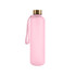 A drink bottle in pink with a gold lid and a carrying strap. It features a logo on the front.