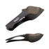 A pet food scoop in dark grey with a contoured handle and measuring markings on the scoop. It features a logo.