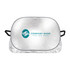 A silver aluminium car snow cover with handles and a logo printed on the front.