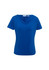 A blue women's top featuring a draped neckline and short sleeves, with a logo on the label.