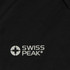 A close-up of a black polo shirt featuring a logo on the left side.