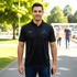 A man wearing a black polo shirt with a logo stands outdoors on a pathway lined with trees.