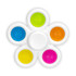 A fidget spinner in the shape of a flower with blue, green, orange, pink, and yellow buttons on a white base.