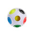 A fidget puzzle ball with a white surface and coloured buttons in blue, green, red, yellow, and black.