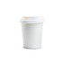 A white paper coffee cup with a lid, designed for hot beverages, and features a logo.