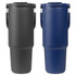 A drink bottle set featuring a grey and a navy blue bottle, each with a handle and a lid. Both have branding.