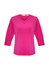 A pink women's 3/4 sleeve top with a crossed v-neck design, featuring a logo on the label.