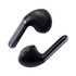 Black true wireless earbuds with a sleek design and a shiny finish, featuring a logo on the side.