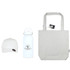 A white drink bottle, light grey tote bag, and white cap, all featuring branding.