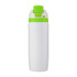 A drink bottle featuring a white body and a bright green cap, with a logo on its surface.