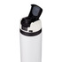 A drink bottle in matte white with a black lid and spout. Features a logo on the side.