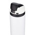 A drink bottle in white with a black lid and a built-in push button for easy opening. It features a logo on the side.