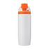 A drink bottle in white with an orange lid and a logo. The design is sleek and modern.