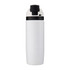 A drink bottle in white with a black lid, featuring a logo on the front.