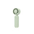 A foldable handheld fan in soft green, featuring a circular fan head and a sleek handle with a button.