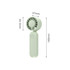 A foldable handheld fan in light green, featuring a circular fan head and dimensions displayed alongside.