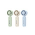 A foldable handheld fan in green, cream, and blue colours, featuring a button and a logo on the handle.