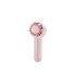 A handheld fan in soft pink, featuring a circular fan design and a simple push-button. It has a branding logo.