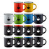 A set of mugs in red, yellow, green, blue, white, and black, featuring a logo on each mug.