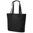 A black tote bag with two handles and a structured design, featuring a logo on the front.