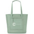 A mint green tote bag featuring a small front pocket and a logo. It has two shoulder straps for easy carrying.