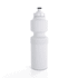 A drink bottle in white with a ribbed middle section and a black nozzle cap, featuring a logo.