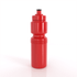 A red drink bottle with a textured grip and a black spout, featuring a logo on its side.