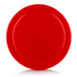 A red Frisbee with a smooth surface and a slight lip around the edge, featuring a logo in the centre.