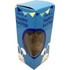 A blue cardboard box containing a chocolate Easter Bunny, with a transparent heart-shaped window.