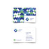 A PVC business card featuring a geometric pattern in blue, green, and white, with a logo present.