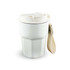 A double wall coffee cup in white with a removable strap. Features a secure lid and a modern design.