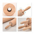 A wooden rolling pin with a smooth, light wood finish, featuring a centred handle and a logo on one side.