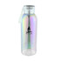 A drink bottle with an iridescent finish, featuring a secure screw lid and a logo on the front.