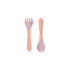 A set of ergonomic silicone kids cutlery featuring a pink fork and spoon with wooden handles.