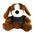A brown plush dog wearing a black shirt, featuring soft fur and floppy ears, sits upright with a friendly expression.