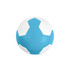 A blue and white machine-stitched PU handball featuring a textured surface and pentagon-shaped panels.
