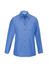 A women's long sleeve button-up shirt in chambray blue with a chest pocket and logo branding.