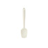 A silicone spatula in a light cream colour with a long handle and a rounded head. It features a hole for hanging.