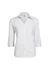 A white women's button-up shirt with 3/4 sleeves, featuring a collar and buttons down the front. It has a logo.