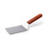 A stainless steel turner with a flat blade and a brown wooden handle, featuring a branding logo.