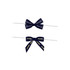 Two navy blue ribbon bows on white twist ties, one featuring the word "Forward" and the other "Chocolate".