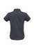 A women's short sleeve button-up shirt in dark grey with a fitted design and a collar. It features a logo.