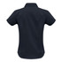 A women's short sleeve button-up shirt in navy blue, featuring a subtle design and a logo on the back.
