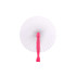 A round plastic paper fan featuring a pink handle and a white, pleated fan blade. It has a logo on the handle.