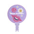 A purple foldable fan featuring playful designs, including a pair of lips, a flower, and dice. It has a branding logo.