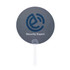 A round, grey hand fan with a white handle and a logo on one side, featuring text and a graphic design.