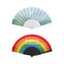A fabric hand-held fan featuring a gradient design on one side and a vibrant rainbow pattern on the other, with logos.