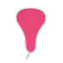 A foldable event fan in bright pink with a white border, featuring a handle and a logo.
