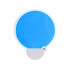 A blue foldable fan with a grey handle, featuring a circular design and a button for opening and closing.
